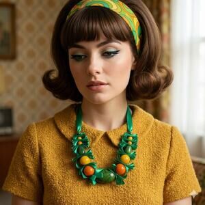 Retro Mid Century Tagua Wrapped Nuts Green Necklace Colorful Artisan Jewelry